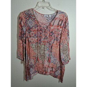 Cato Blouse Boho Business Casual Granny Y2K Paisley Sharkbite Hem Pink SZ Large